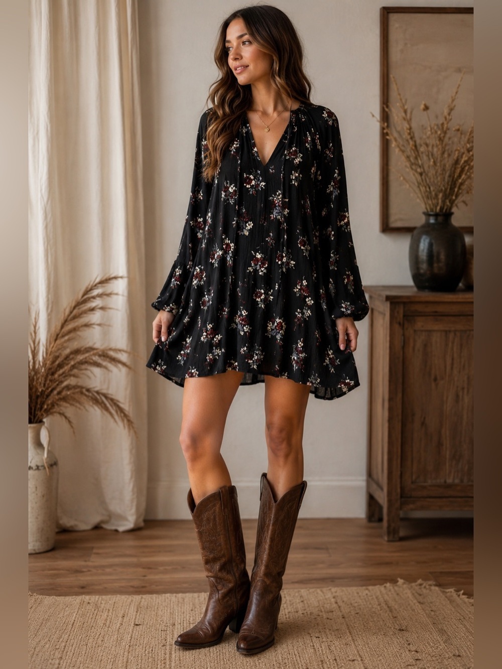 Free People Black Floral V-Neck Top with Red and Cream Blooms